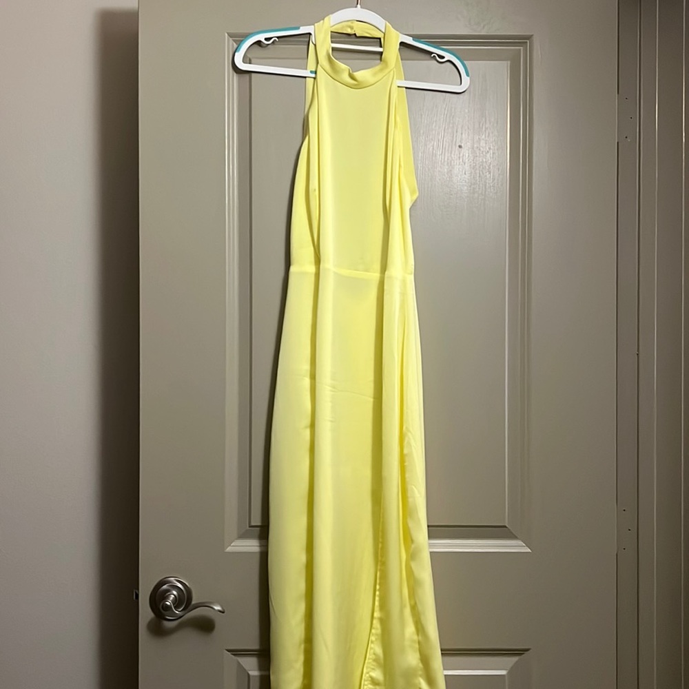 Lulu’s Yellow Halter Backless Dress with Slit.